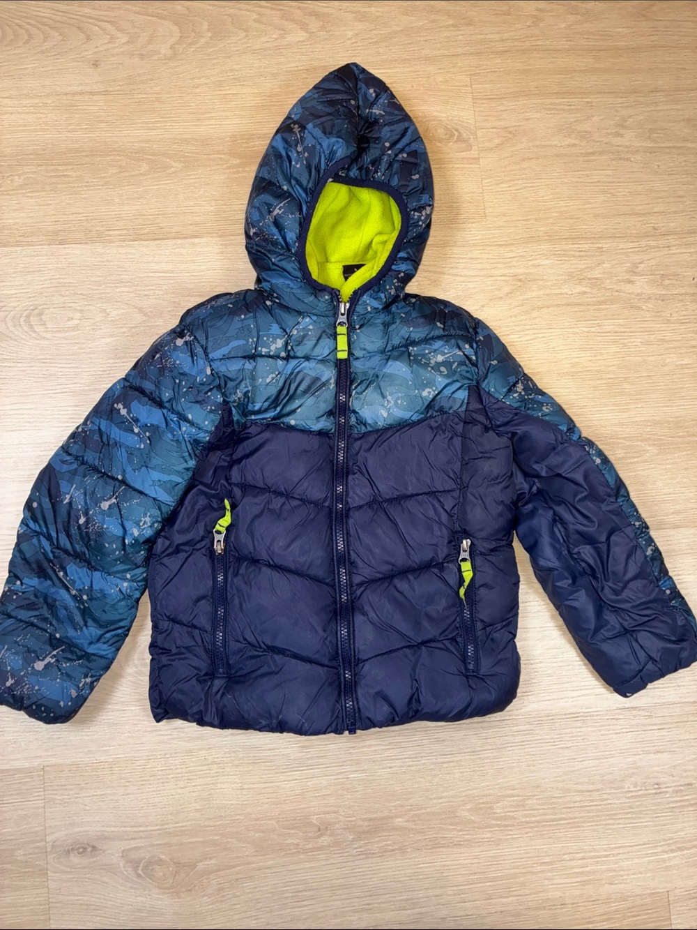 Snozu Navy and Teal Hooded Puffer Jacket with Lime Accents